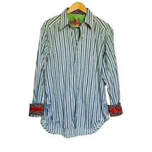 Robert Graham Men Dress Shirt Flip Cuff SZ L Blue Pinstripe Embroidered Silk